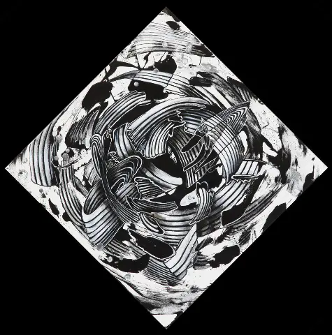 Desaturate by Molly Gardner, acrylic on canvas in black and white with silver accents