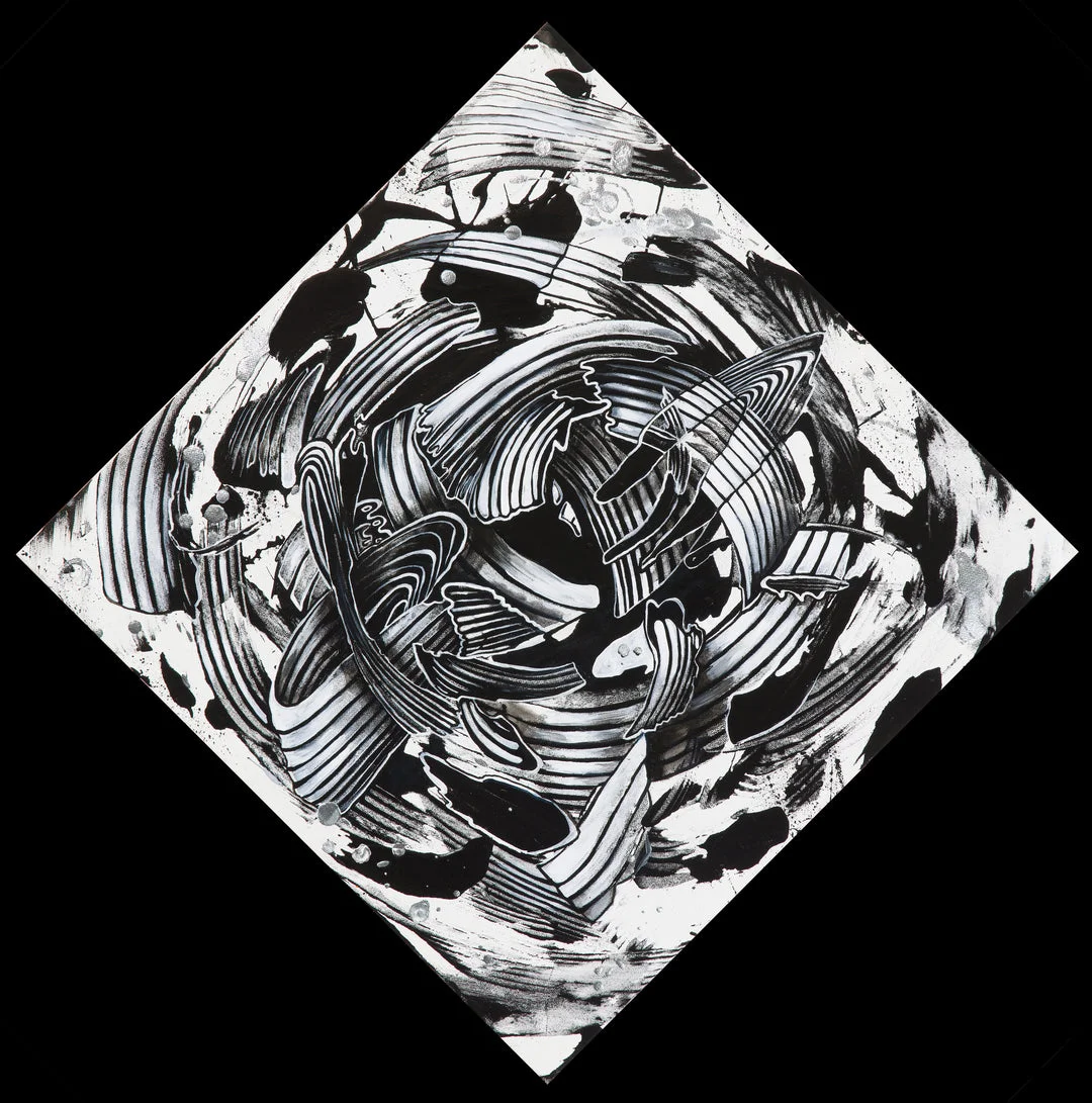 Desaturate by Molly Gardner, acrylic on canvas in black and white with silver accents