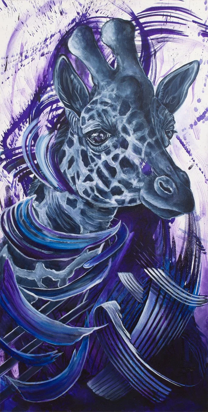 Purple Party Giraffe by Molly Gardner, a canvas print of a giraffe in blue and purple