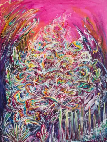 This May Be It by Molly Gardner, a canvas print in pink and turquoise with dense linework