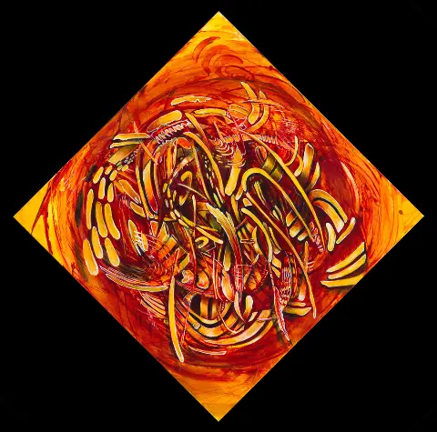 Fuming by Molly Gardner, acrylic on canvas in molten orange and gold, composed on the diagonal