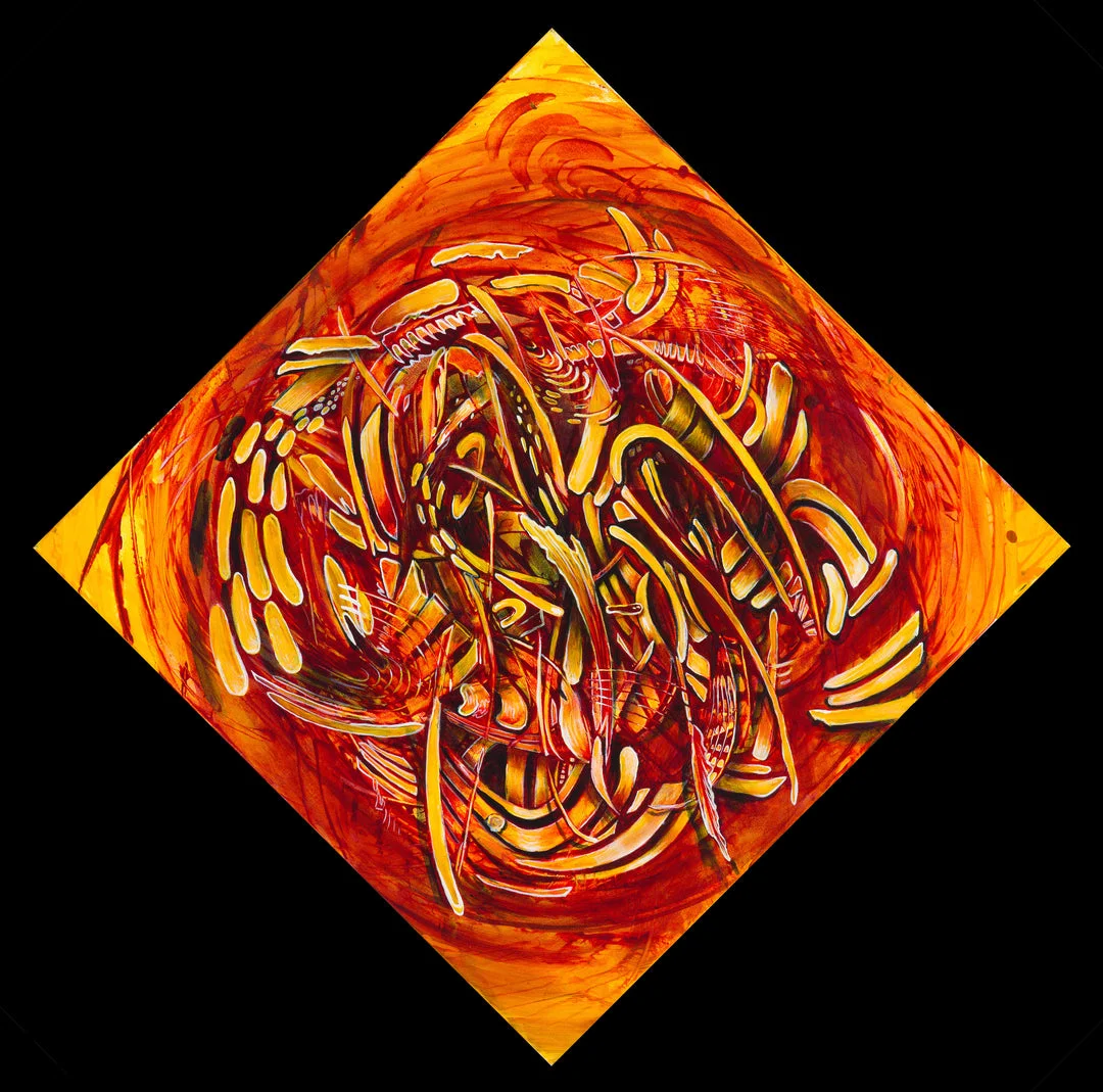 Fuming by Molly Gardner, acrylic on canvas in molten orange and gold, composed on the diagonal