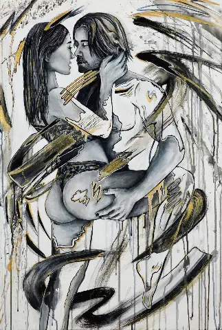 Convoluted Choreo by Molly Gardner, acrylic and gold paint on canvas showing entwined figures in black, white and gold