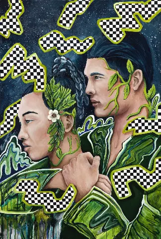 Calculated by Molly Gardner, acrylic on canvas with two figures amid foliage and checkerboard