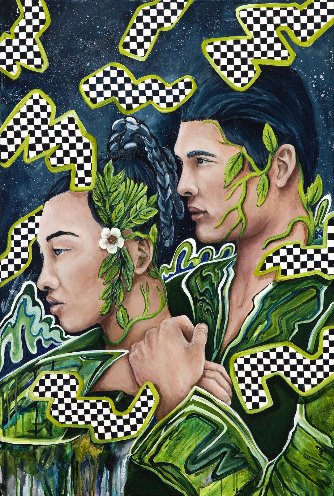 Calculated by Molly Gardner, acrylic on canvas with two figures amid foliage and checkerboard