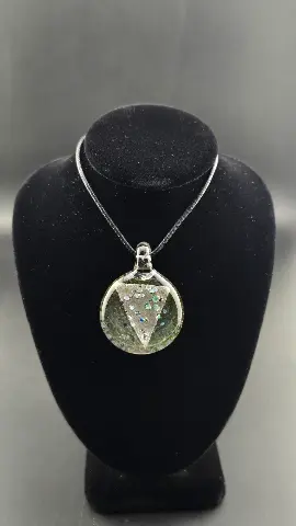 Opal Shield, a hand-blown glass pendant by Jared Omas with a triangular dichroic and crushed opal design over colourful frit