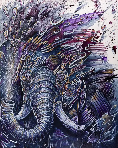 Expansive Expressions by Molly Gardner, a framed canvas print of an elephant in purple and grey