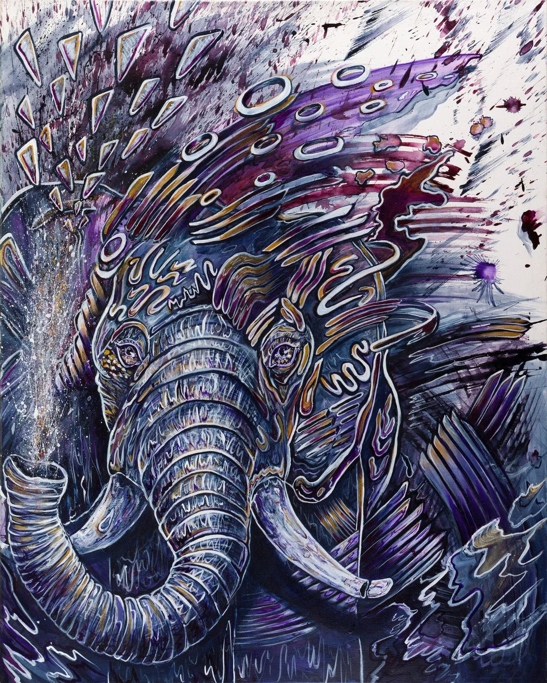 Expansive Expressions by Molly Gardner, a framed canvas print of an elephant in purple and grey