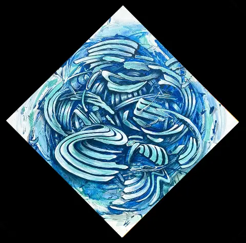 FlowState by Molly Gardner, acrylic on canvas in flowing blues and white, composed on the diagonal