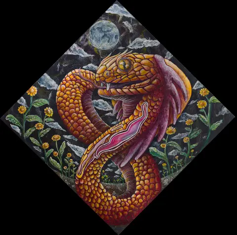 The Great Ecdysis by Molly Gardner, a canvas print of a coiled snake beneath a moon